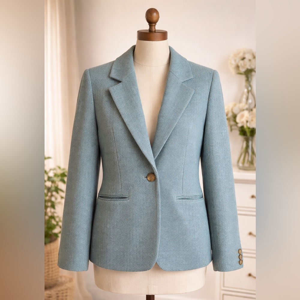 Vintage 90s Old Money Ann Taylor Petites Teal Wool Herringbone Blazer EU Made